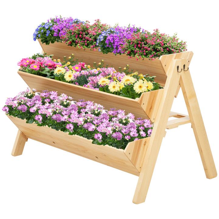 Outsunny 3 Tier Wooden Garden Raised Bed Vertical Plant Bed with Clapboard and Hooks, 120 x 68 x 80cm