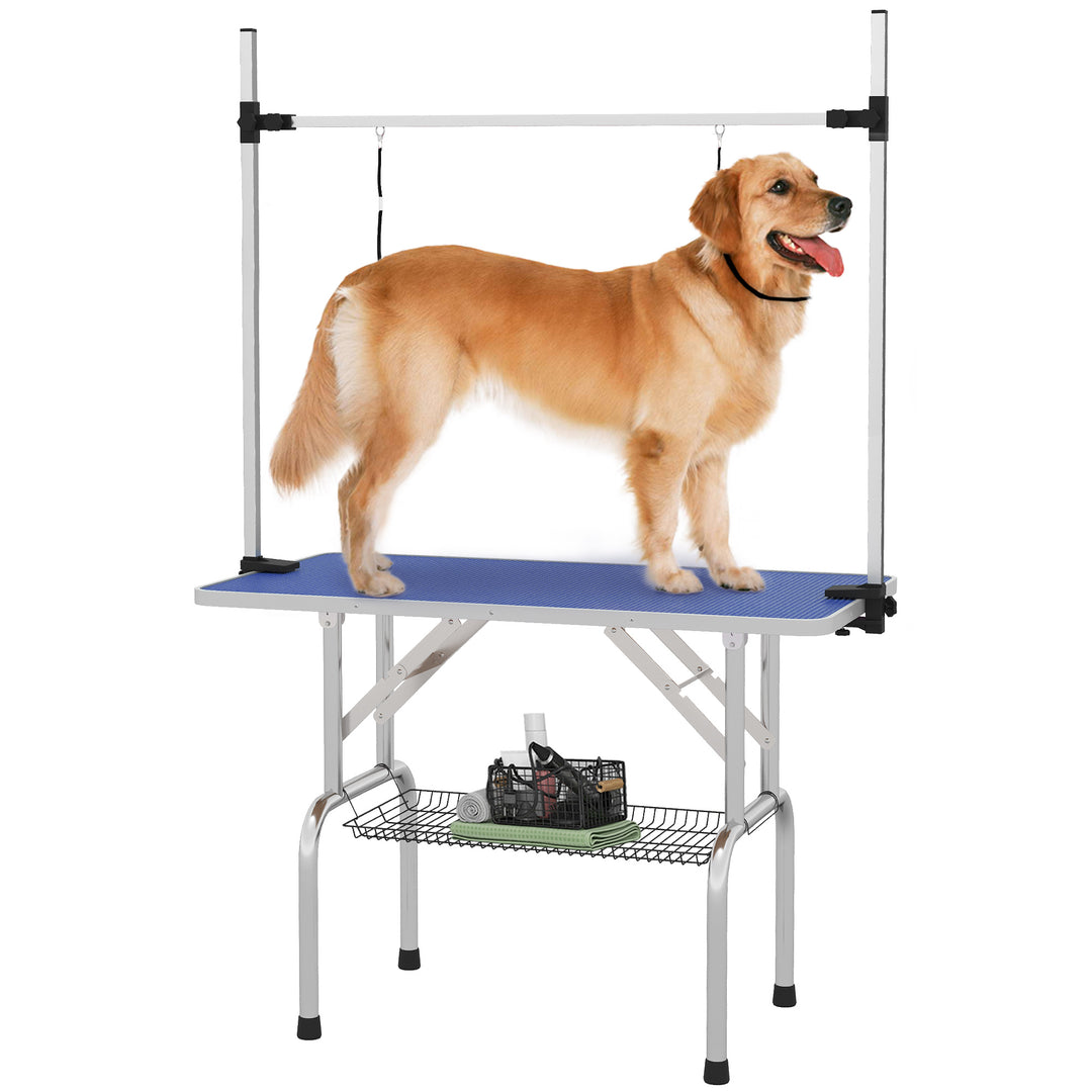 PawHut Adjustable Dog Grooming Table Rubber Top 2 Safety Slings Mesh Storage Basket Heavy Metal Blue 107 x 60 x 170cm