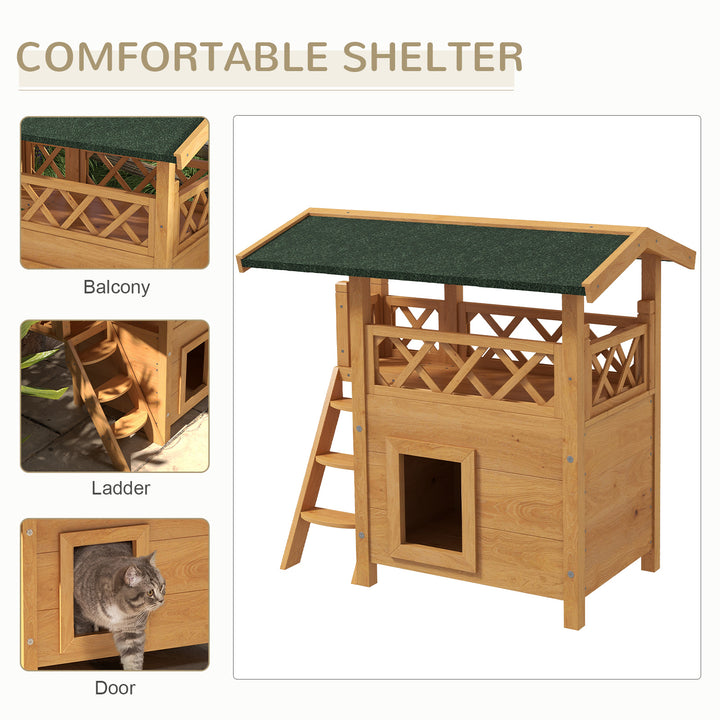 Cat House Outdoor w/ Balcony Stairs Roof, 77 x 50 x 73 cm, Natural