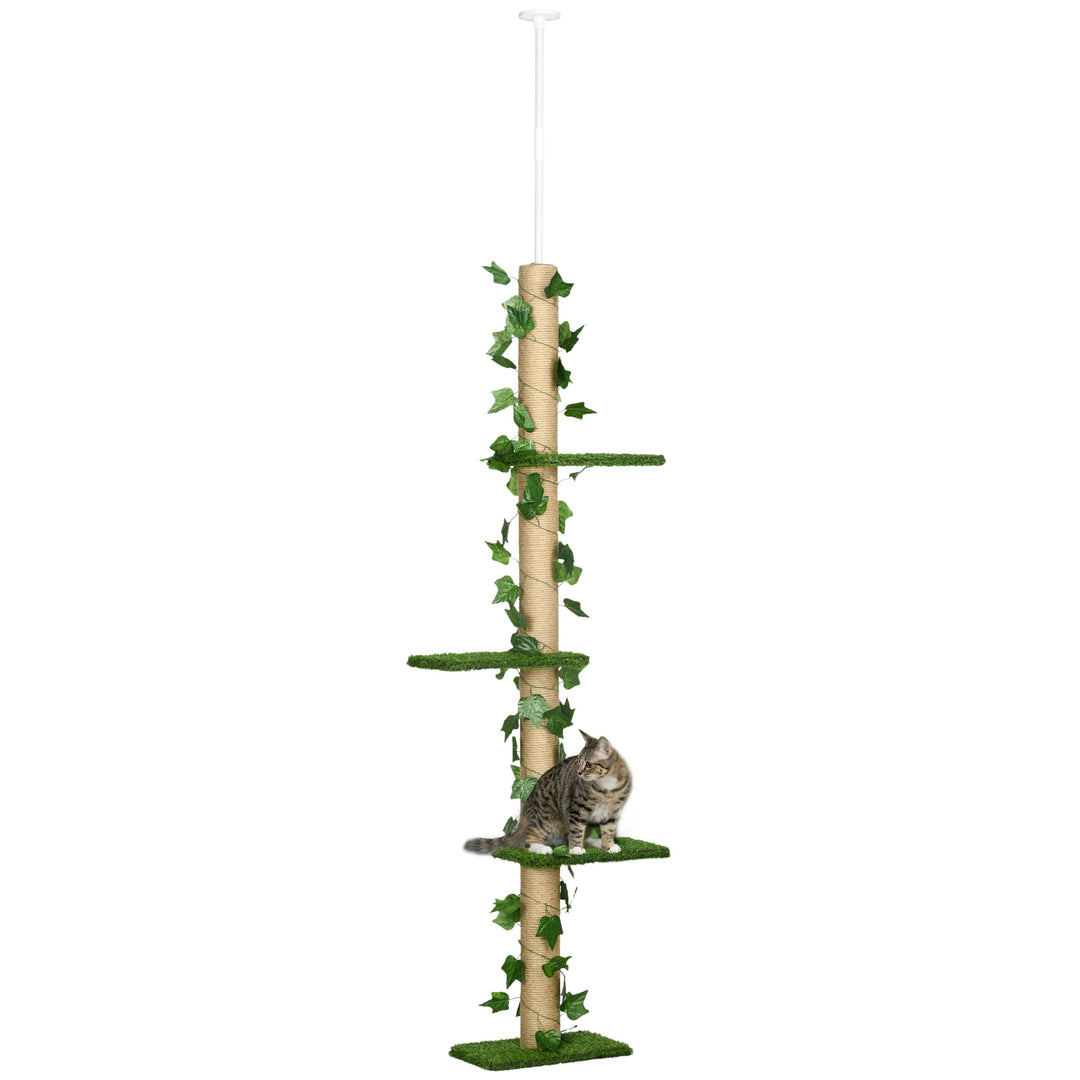 PawHut 242cm Floor to Ceiling Cat Tree, Height Adjustable Kitten Tower with Anti-slip Kit, Highly Simulated Multi-Layer Activity Center Green