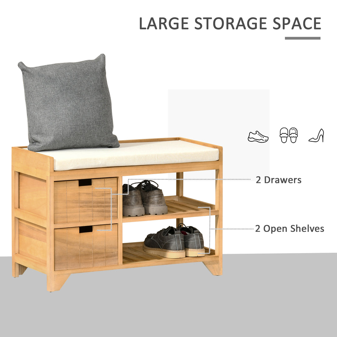 Wooden 2 Tier Shoe Storage Bench Rack Shelves Cushioned Seat  Entryway Hallway Organiser with 2 Drawers - Natural Wood Colour