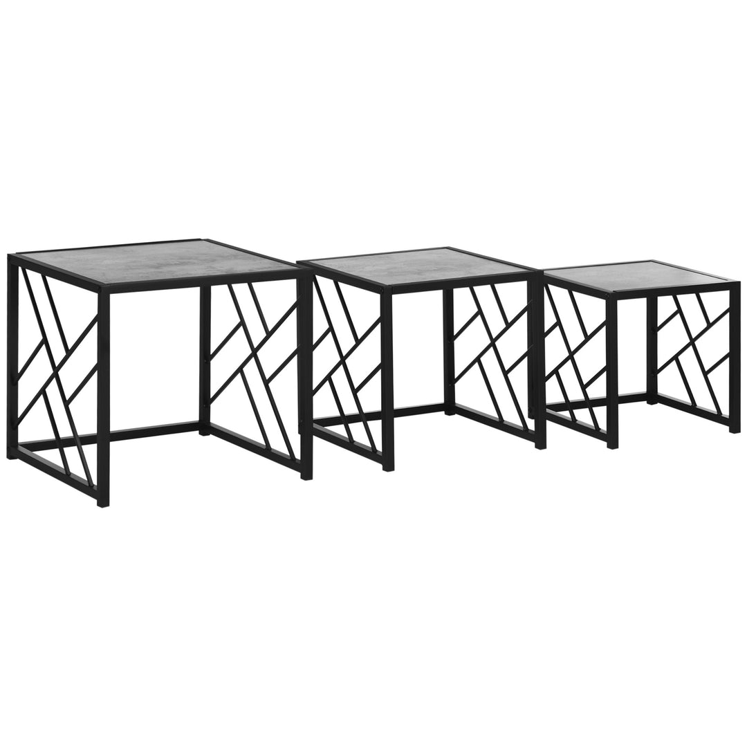 Set of 3 Nest of Tables, Square Side Tables with Black Metal Frame, for Living Room, Bedroom and Office, Grey