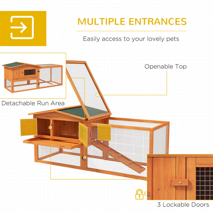 PawHut Rabbit Hutch and Run Outdoor Bunny Cage Wooden Guinea Pig Hide House with Sliding Tray, Hay Rack, Ramp, 156 x 58 x 68cm