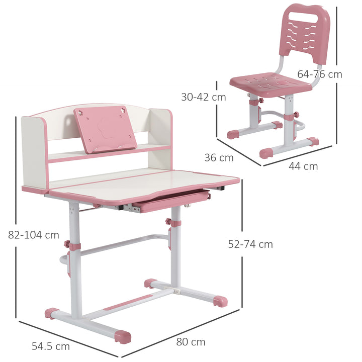 Height Adjustable Kids Study Table and Chair Set, with Drawer, Storage Shelf, Pink