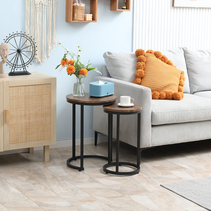 Round Nesting Tables Set of 2 Industrial Stackable Side Tables with Rustic Wood Grain Metal Frame for Living Room Brown