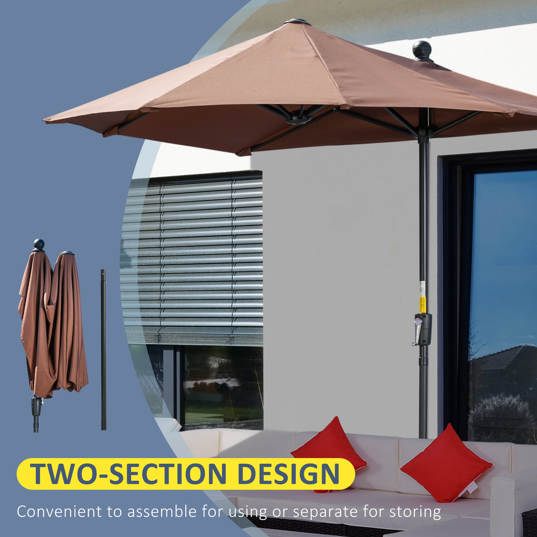 2m Half Parasol Market Umbrella Garden Balcony Parasol with Crank Handle, Base, Double-Sided Canopy, Coffee