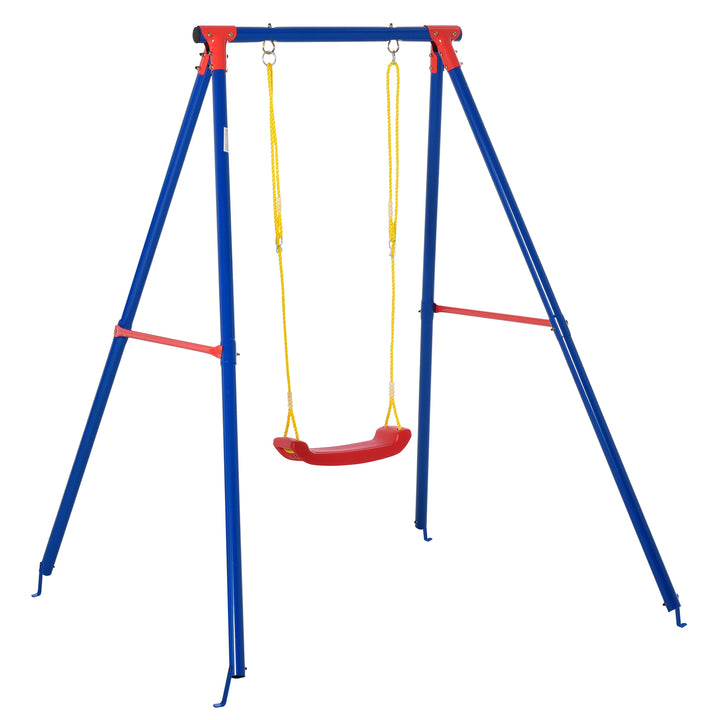 Metal Swing Set with Seat Adjustable Rope Heavy Duty A-Frame Stand Backyard Outdoor Playset for Kids Fun 6-12 Years Old Blue