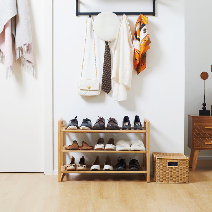 3-Tier Shoe Rack, Bamboo Shoe Storage Organizer with Slatted Shelves, Free Standing Shoe Shelf Stand for 9 Pairs of Shoes for Entryway Natural