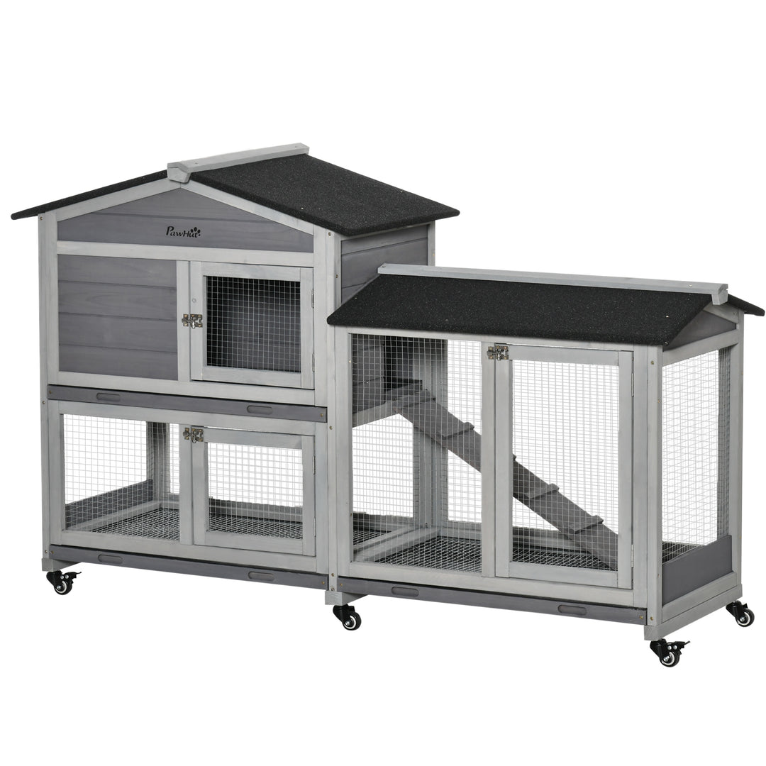 PawHut Two-Tier Rabbit Hutch and Run Wooden Mobile Guinea Pig Hutch Bunny Cage w/ Wheels, Run, Slide-Out Tray, Ramp 157.4 x 53 x 99.5 cm