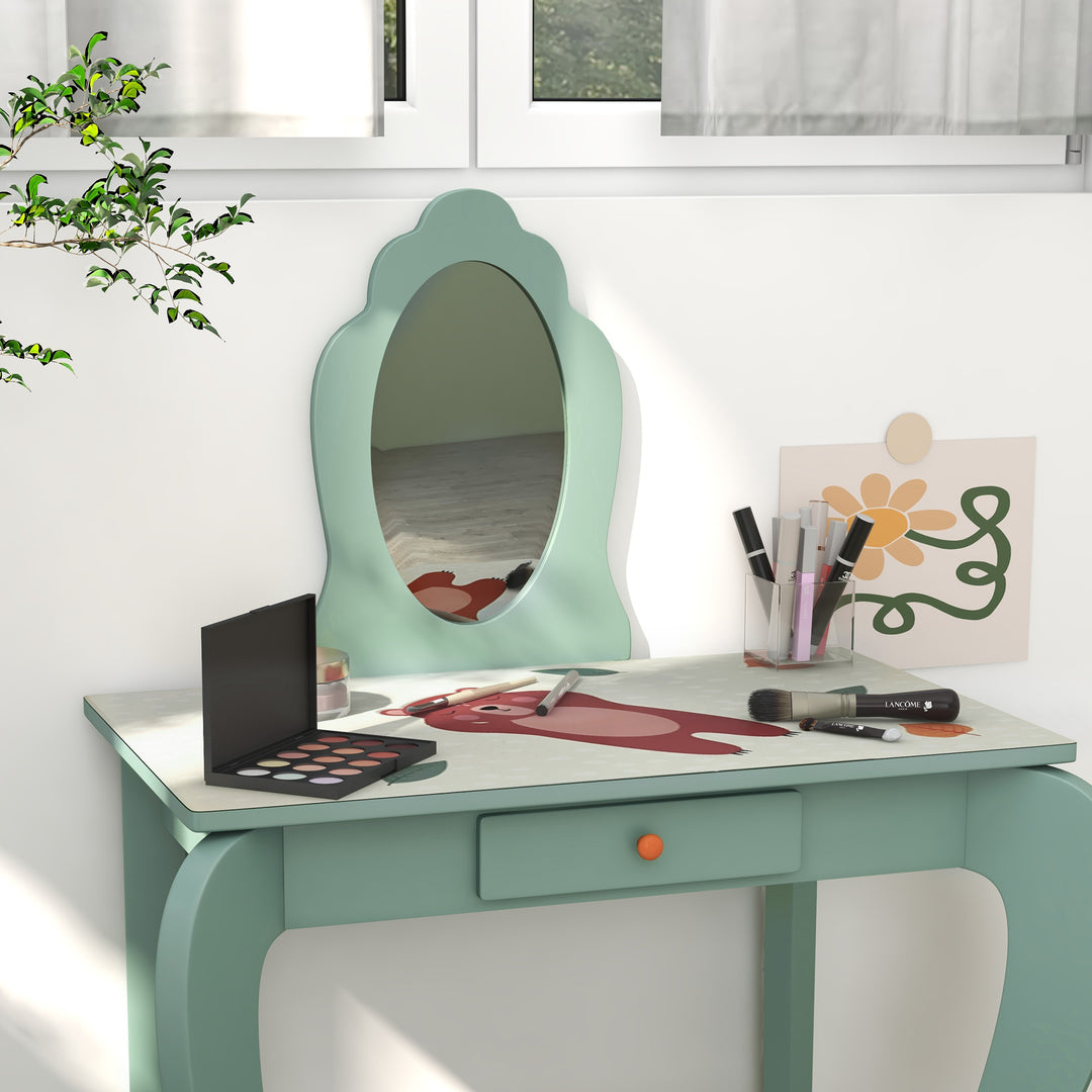 Kids Dressing Table with Mirror and Stool, Girls Vanity Table Makeup Desk with Drawer for 3-6 Years - Green