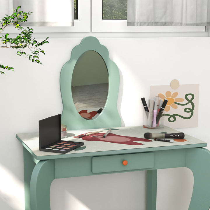 Kids Dressing Table with Mirror and Stool, Girls Vanity Table Makeup Desk with Drawer for 3-6 Years - Green