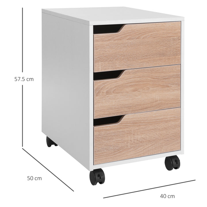 HOMCOM MDF Mobile File Cabinet pedestal with 3 Drawers Lockable Casters Oak and White