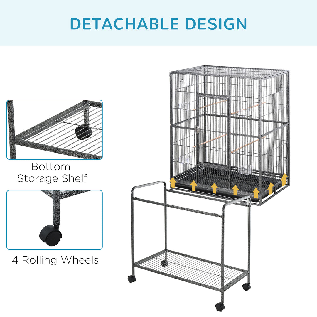 PawHut Bird Cage Metal Canary Cages for Parakeet with Detachable Rolling Stand, Storage Shelf, Wood Perch, Food Container