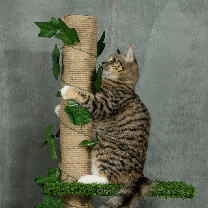 PawHut 242cm Floor to Ceiling Cat Tree, Height Adjustable Kitten Tower with Anti-slip Kit, Highly Simulated Multi-Layer Activity Center Green