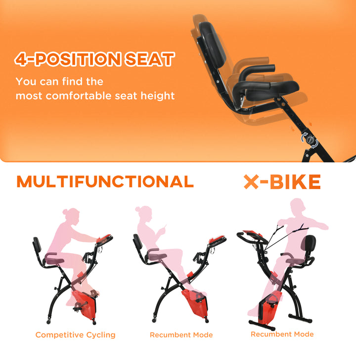 HOMCOM 2-In-1 Upright Exercise Recumbent Bike Adjustable Resistance Stationary Fitness Home Gym Foldable w/ Armrests LCD Monitor Cycling Wheels Red