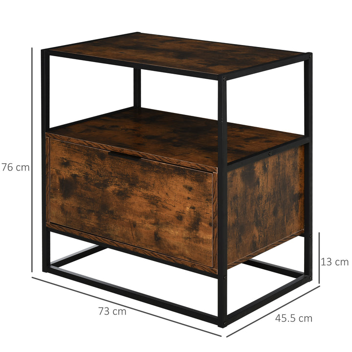 Industrial-Style Side Table w/ Drawer Open Shelf Steel Frame Large Base Two-Tone Retro Stylish Home Furniture Bedroom Living Room