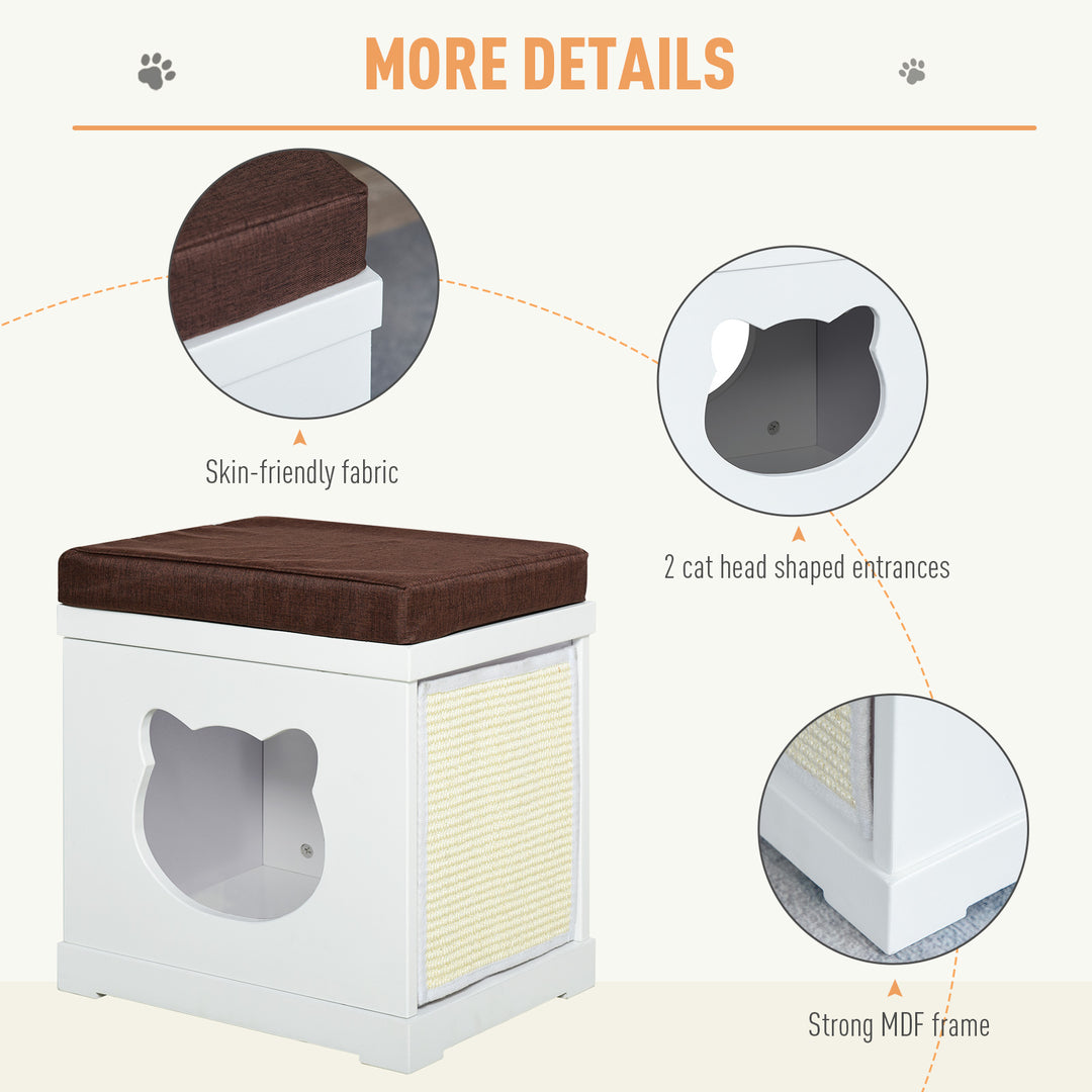 Wooden Cat House Bed Cat Scratching Cube for Small Cat Pet Furniture with Removable Scratching Pad and Soft Cushion White