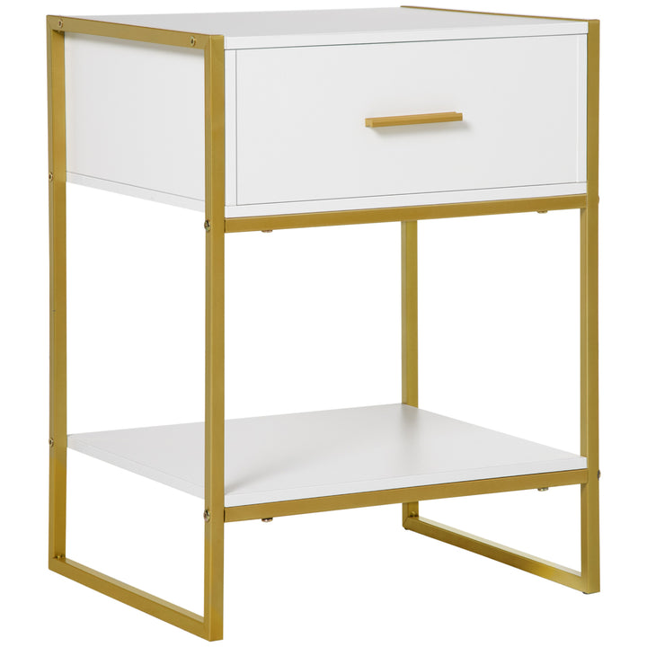 Modern Bedside Table, Bedside Cabinet with Drawer Shelf, Storage Organizer for Bedroom, Living Room, White and Gold