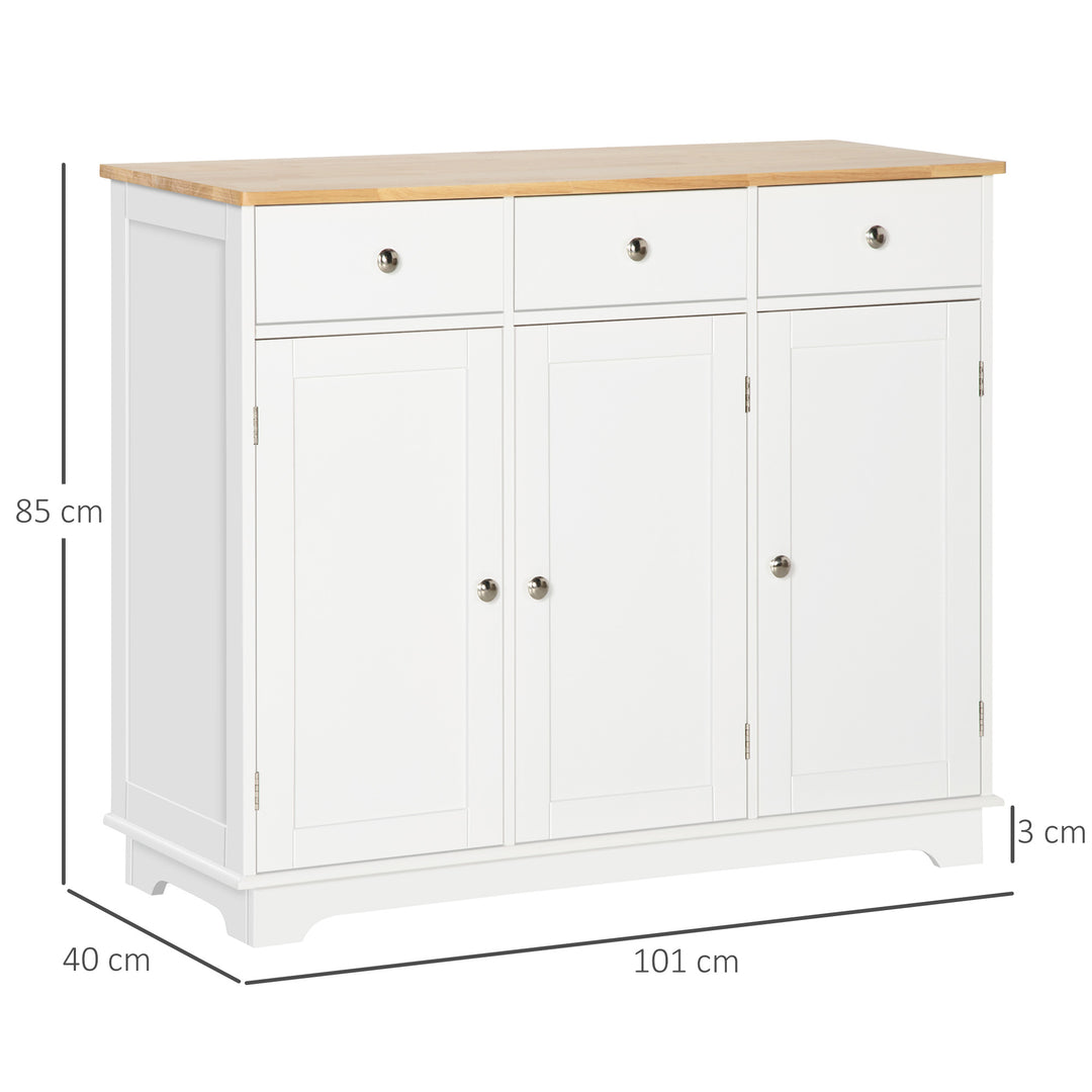 Modern Sideboard with Rubberwood Top, Buffet Cabinet with Storage Cabinets, Drawers and Adjustable Shelves for Living Room, Kitchen, White