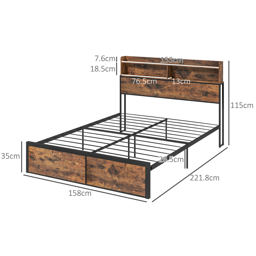 Industrial King Bed Frame, 5.2FT Steel Bed Base with Storage Headboard, Footboard, Slatted Support and Under Bed Storage, 158 x 222cm, Rustic Brown