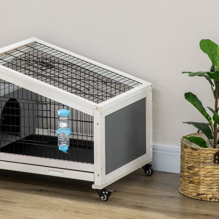 PawHut Rabbit Hutch with Water Bottle, Guinea Pig Cage with Wheels, Bunny Run with Plastic Slide-out Tray, Small Animal House for Indoor, Dark Grey