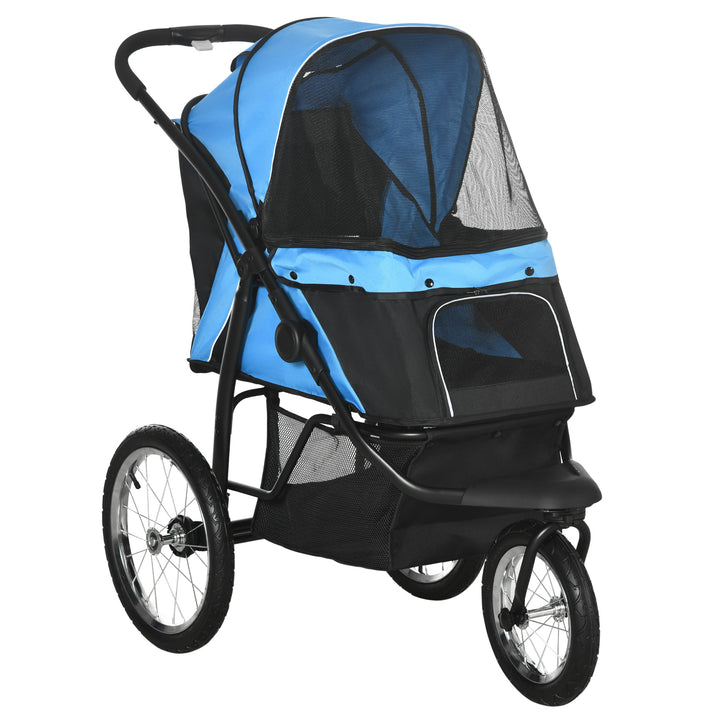 Pet Stroller Dog Pram Foldable Dog Pushchair Cat Travel Carriage w/ Adjustable Canopy, Wheels, for Medium Small Pets, Blue