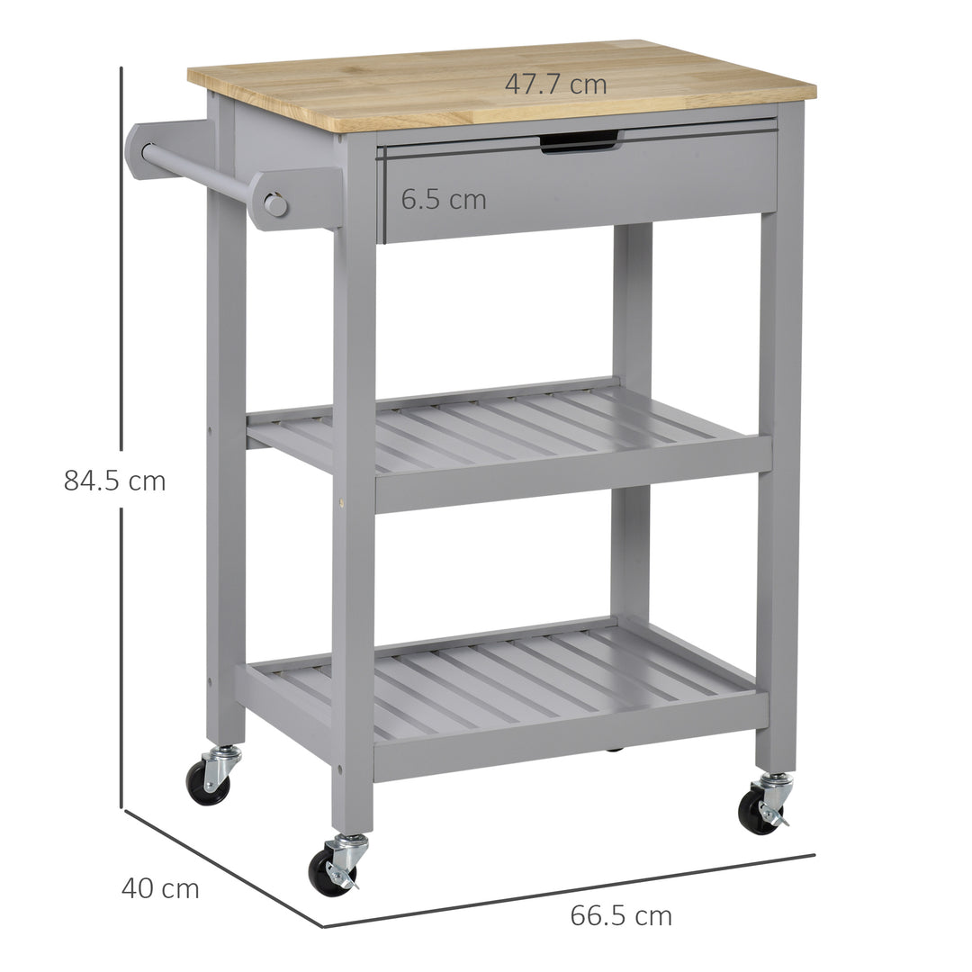 Kitchen Trolley Utility Cart on Wheels with Rubberwood Worktop, Towel Rack, Storage Shelves & Drawer for Dining Room, Grey