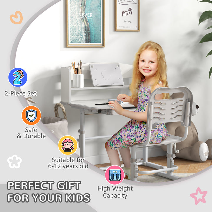 Height Adjustable Kids Study Table and Chair Set, with Drawer, Storage Shelf, Grey