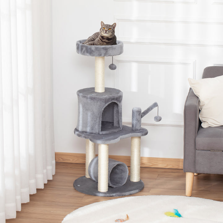 PawHut Cat Tree Tower Climbing Activity Center Kitten Furniture with Jute Scratching Post Bed Tunnel Perch Hanging Balls Grey