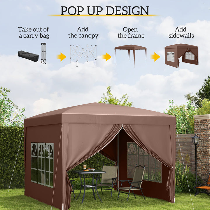 3 x 3m Pop Up Gazebo, Wedding Party Canopy Tent Marquee with Carry Bag and Windows, Coffee