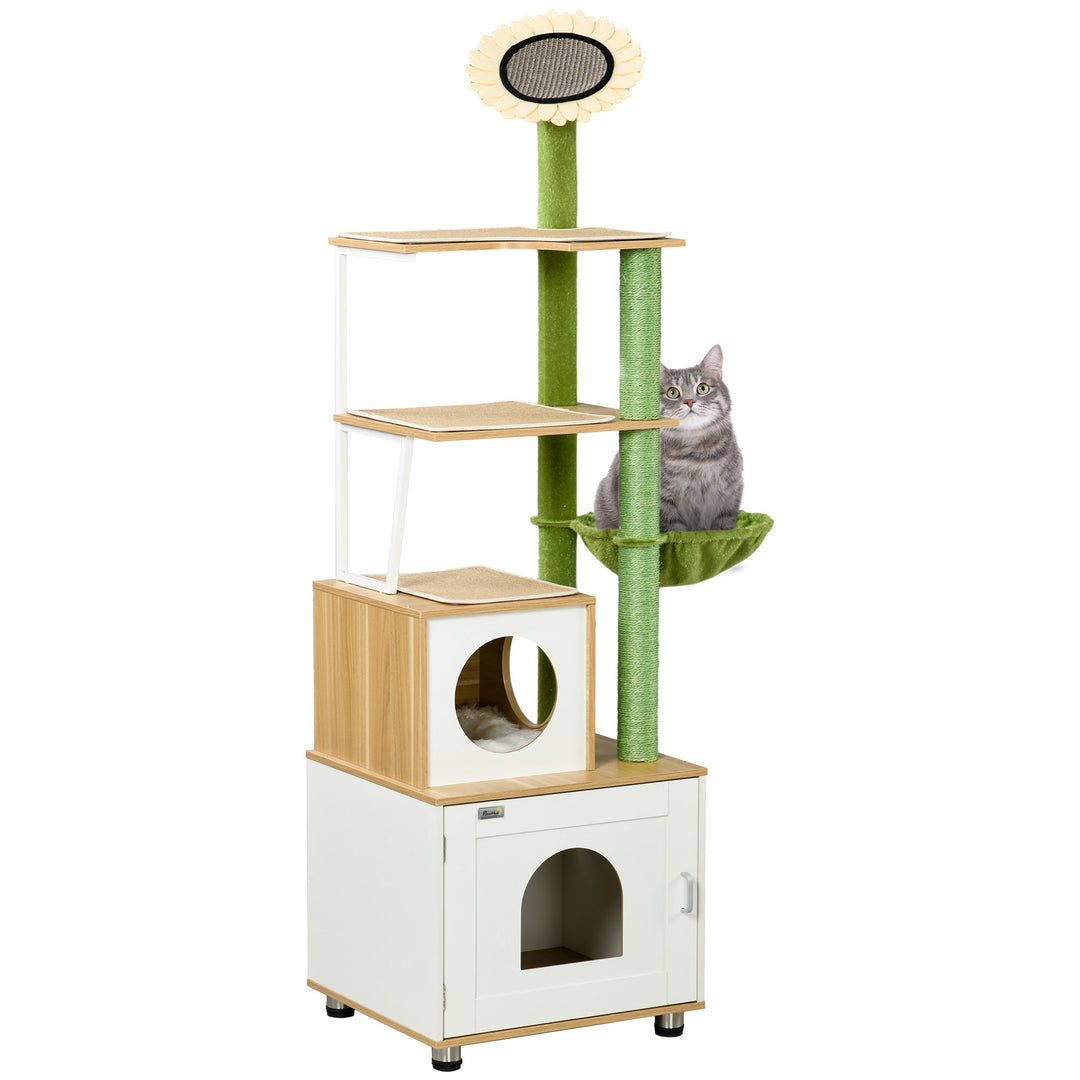 Cat Tree with Cat Litter Box for Indoor Cats, Cat Enclosure with Scratching Post, Cat Condo, Hammock, Platforms, Removable Cushions, Oak