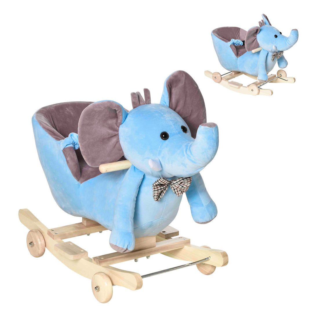 Plush Baby Ride on Rocking Horse Elephant Rocker with Wheels Wooden Toy for Kids 32 Songs (Blue)