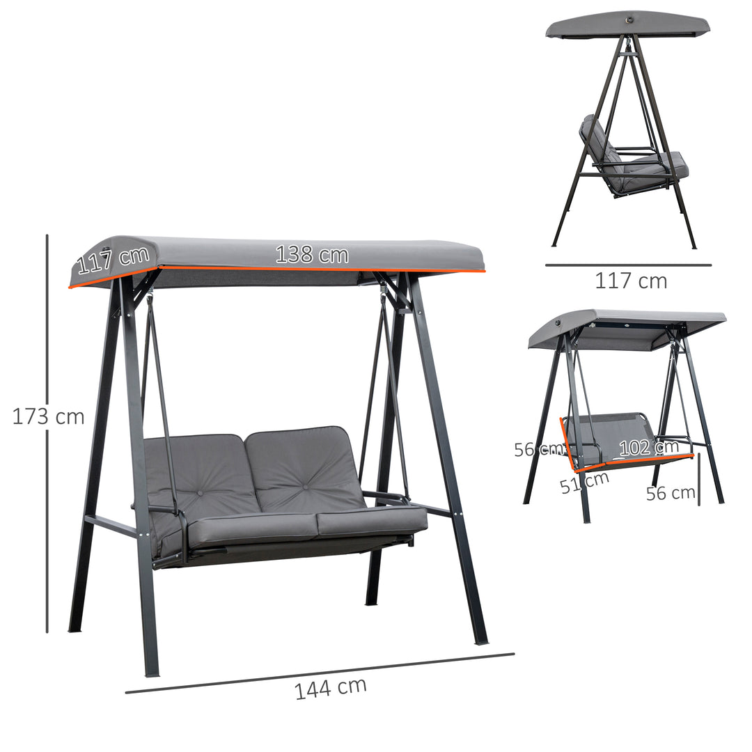 2 Seater Garden Swing Chair Outdoor Hammock Bench with Steel Frame Adjustable Tilting Canopy for Patio, Grey