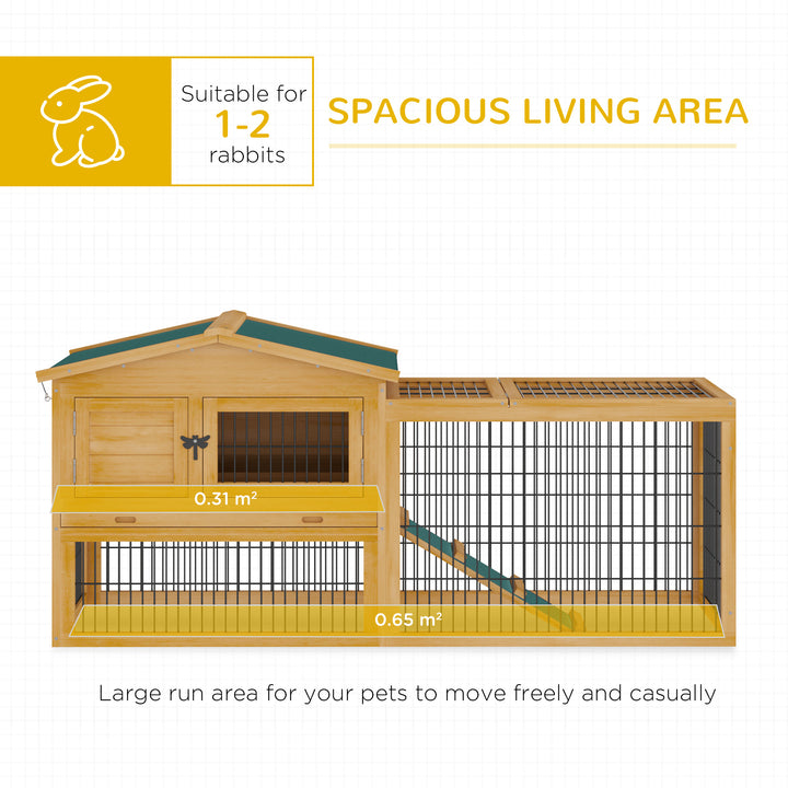 PawHut 2 Level Wooden Rabbit Bunny Guinea Pig Hutch w/ Outdoor Run Water Resistant Roof Pull out Tray Ramp 150 x 52.5 x 68 cm, Yellow