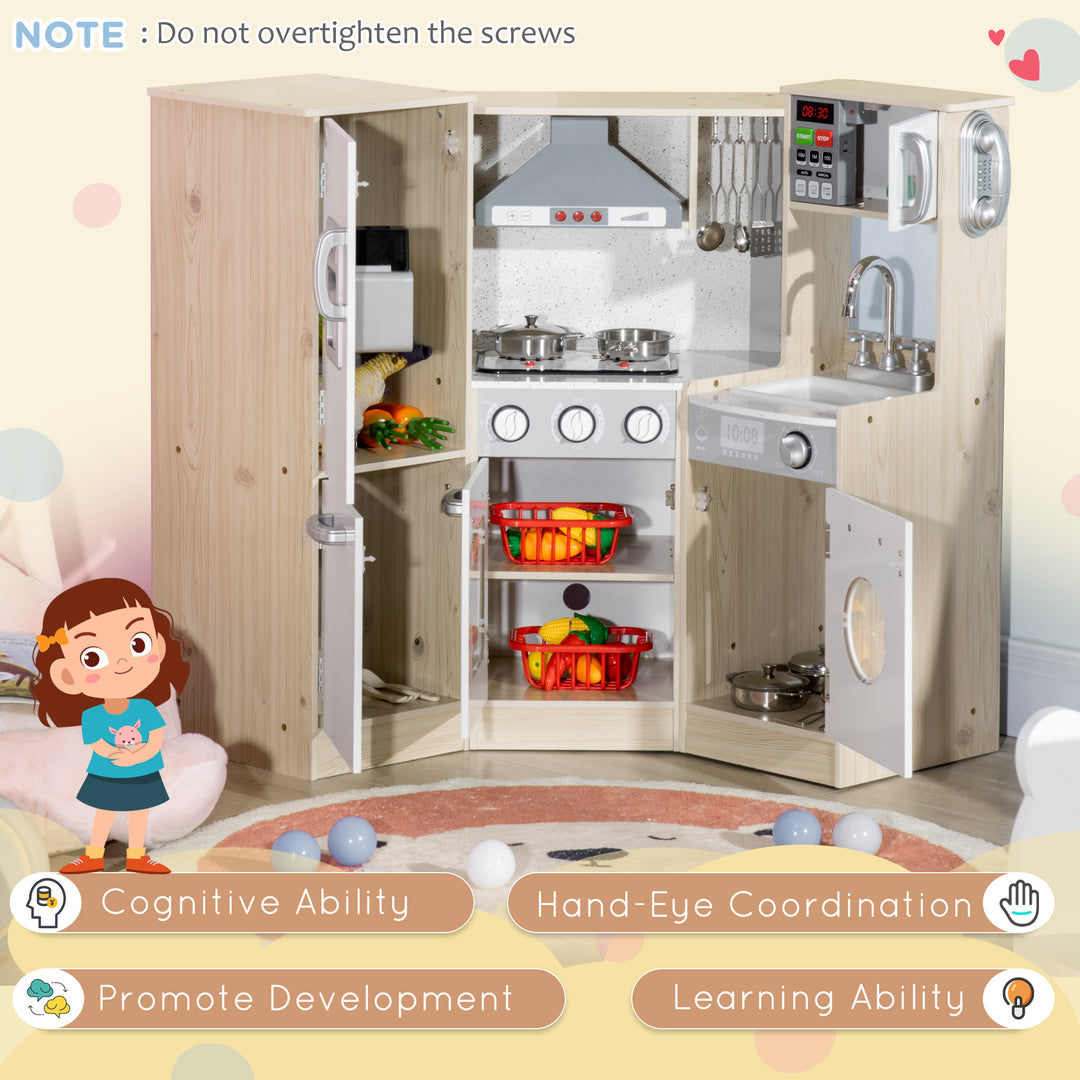 HOMCOM Toy Kitchen for Kids with Role Play Accessories, Wooden Corner Pretend Kitchen with Sound and Light, Phone, Microwave, Refrigerator, Ice Maker