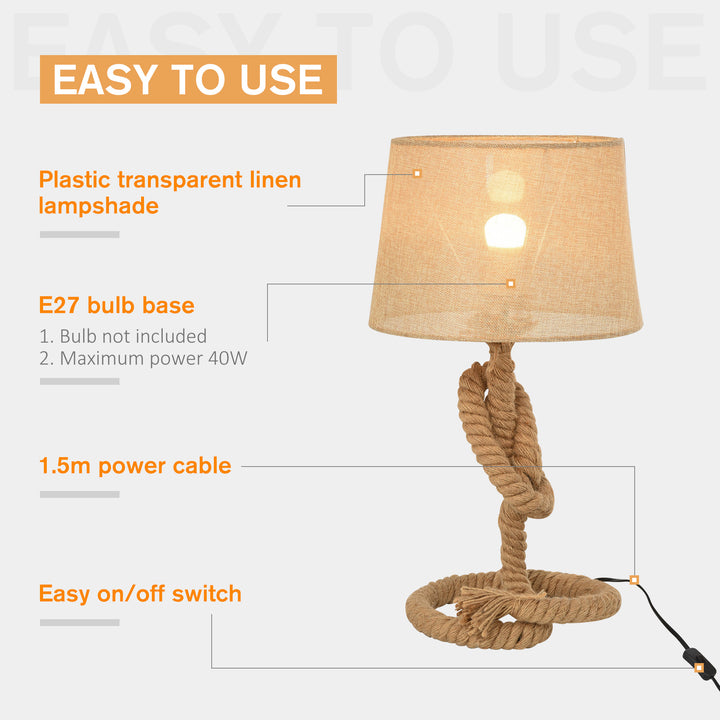 HOMCOM Nautical Style Rope-Base Table Lamp w/ Fabric Lampshade Metal Frame Power Switch Unique Lighting Furnishing Bedroom Living Room Study Beige