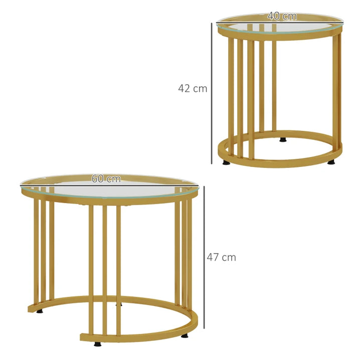 Round Coffee Tables Set of 2, Nesting Tables with Tempered Glass Top and Steel Frame, 60cmx60cmx47cm, Gold Tone