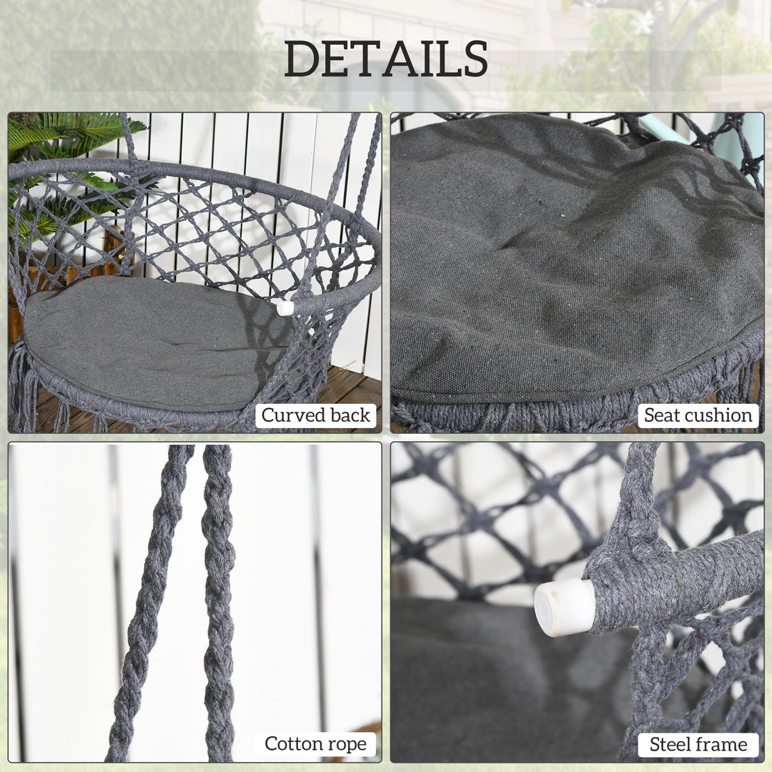 Outsunny Hanging Hammock Chair Cotton Rope Porch Swing with Metal Frame and Cushion, Large Macrame Seat for Patio, Bedroom, Living Room, Dark Grey