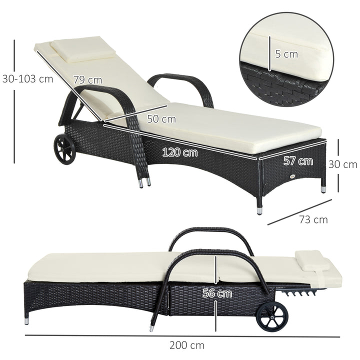 Outsunny Garden Rattan Furniture Single Sun Lounger Recliner Bed Reclining Chair Patio Outdoor Wicker Weave Adjustable Headrest - Black