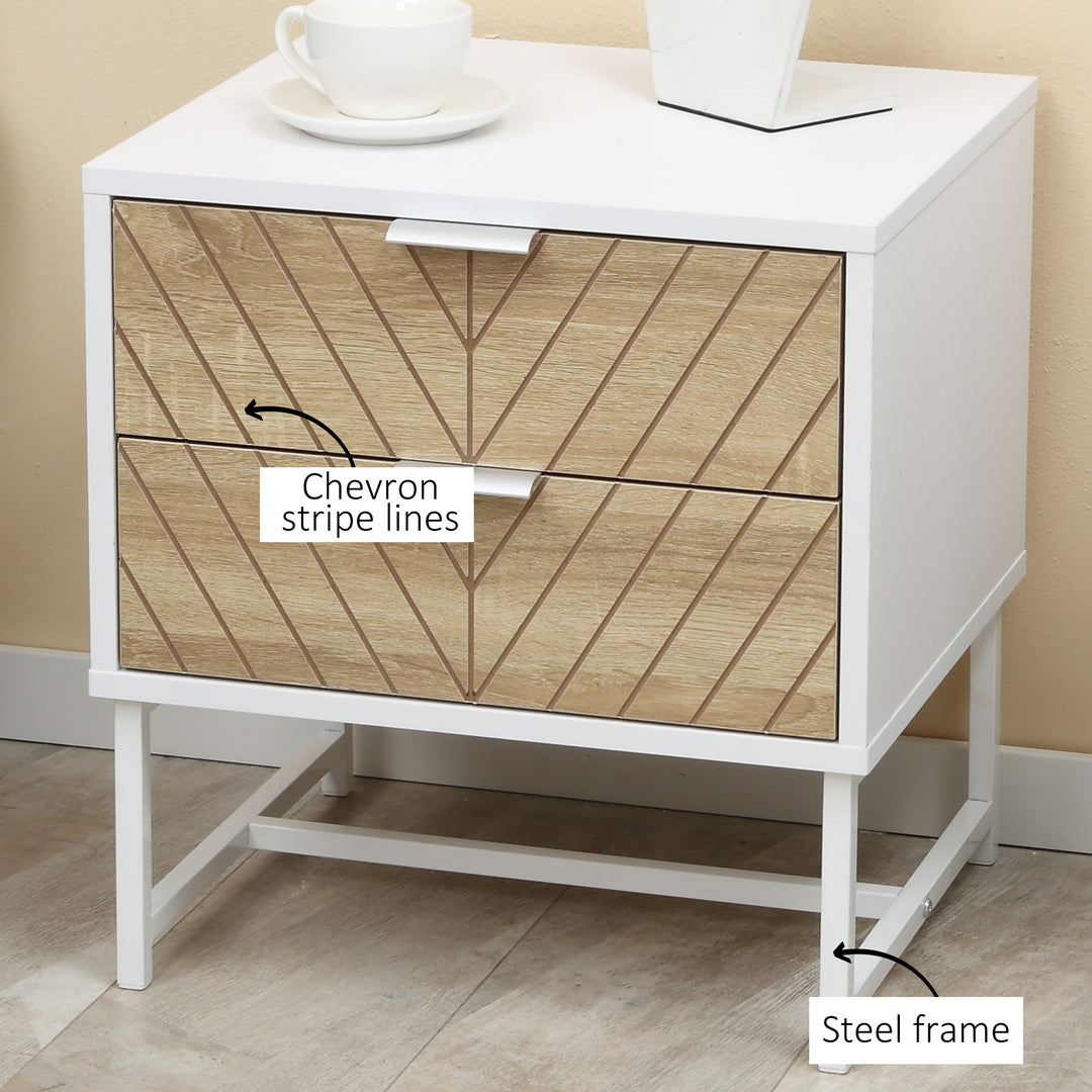 Modern Bedside Table with 2 Drawers and Metal Frame, Sofa Side Table for Bedroom Living Room, Set of 2, White and Oak