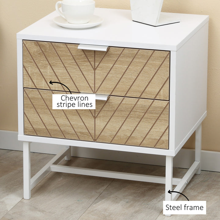 Modern Bedside Table with 2 Drawers and Metal Frame, Sofa Side Table for Bedroom Living Room, Set of 2, White and Oak