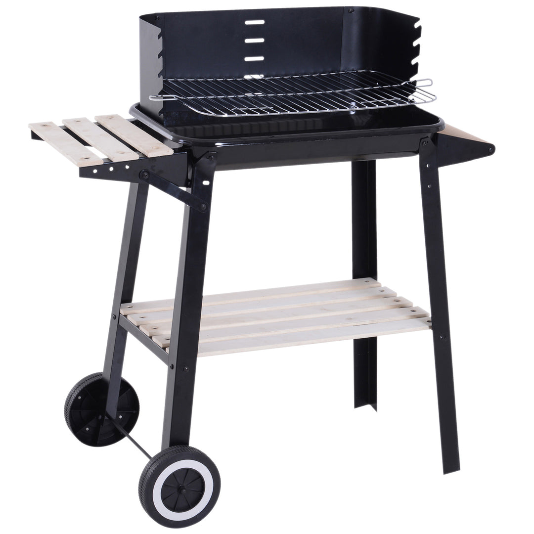 BBQ Grill Trolley Charcoal BBQ Barbecue Grill Outdoor Patio Garden Heating Smoker with Side Trays Storage Shelf and Wheels