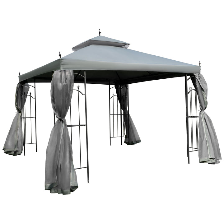 Outsunny 3(M)x3(M) Garden Gazebo Double Top Outdoor Canopy Patio Event Party Wedding Tent Backyard Sun Shade with Mesh Curtain - Grey