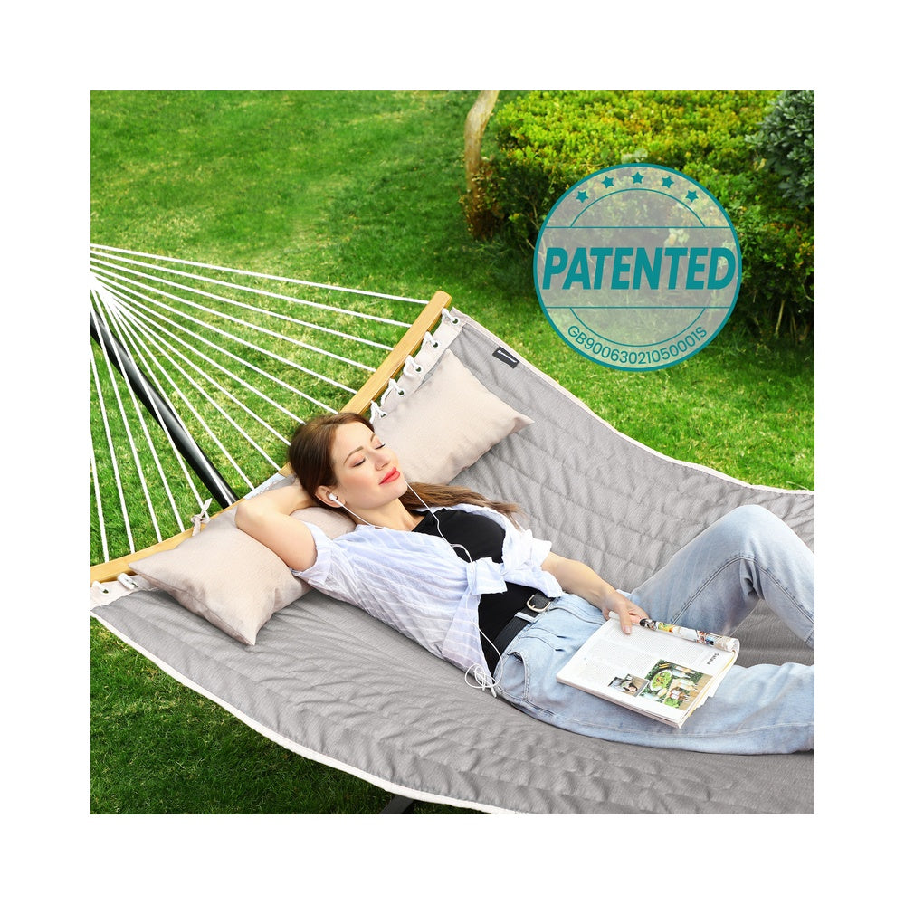 Gray Hammock Bed with Pillow with Spreader Bars