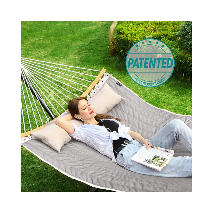 Gray Hammock Bed with Pillow with Spreader Bars
