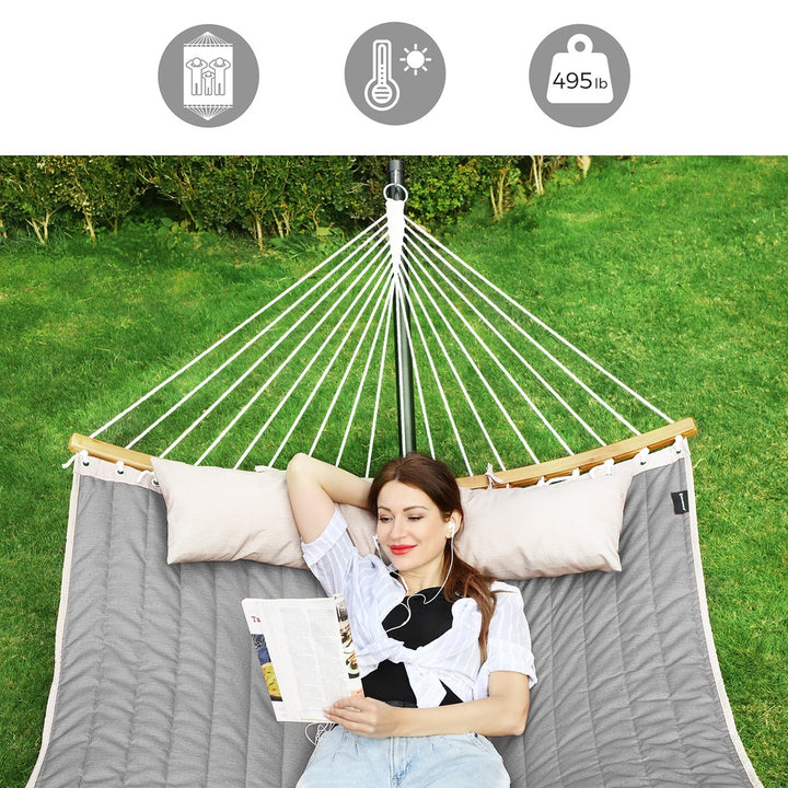 Gray Hammock Bed with Pillow with Spreader Bars