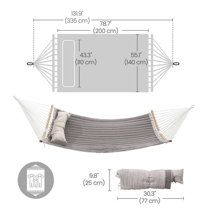 Gray Hammock Bed with Pillow with Spreader Bars