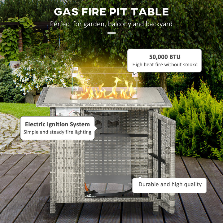 Outdoor PE Rattan Gas Fire Pit Table, Patio Square Propane Heater with Rain Cover, Glass Windscreen, and Lava Stone, 50,000 BTU, Grey