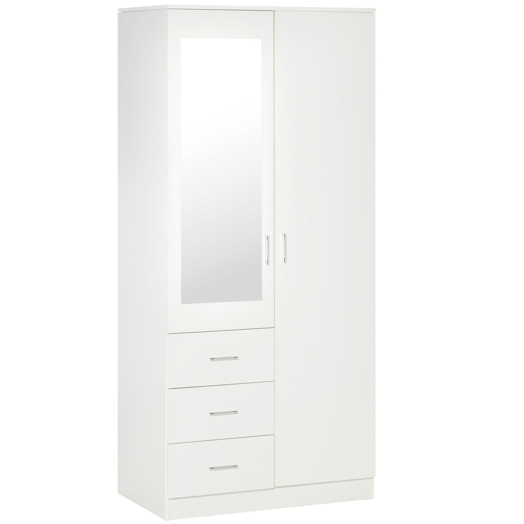 Modern Mirror Wardrobe 2 Door Storage Cupboards Home Storage Organisation Furniture with Adjustable Shelf, 3 Drawers, 80W x 50D x 180Hcm-Whit