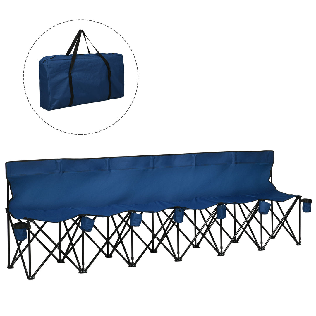 6 Seater Folding Sports Bench Outdoor Picnic Camping Portable Spectator Chair Steel Frame w/ Cup Holder & Carry Bag - Blue